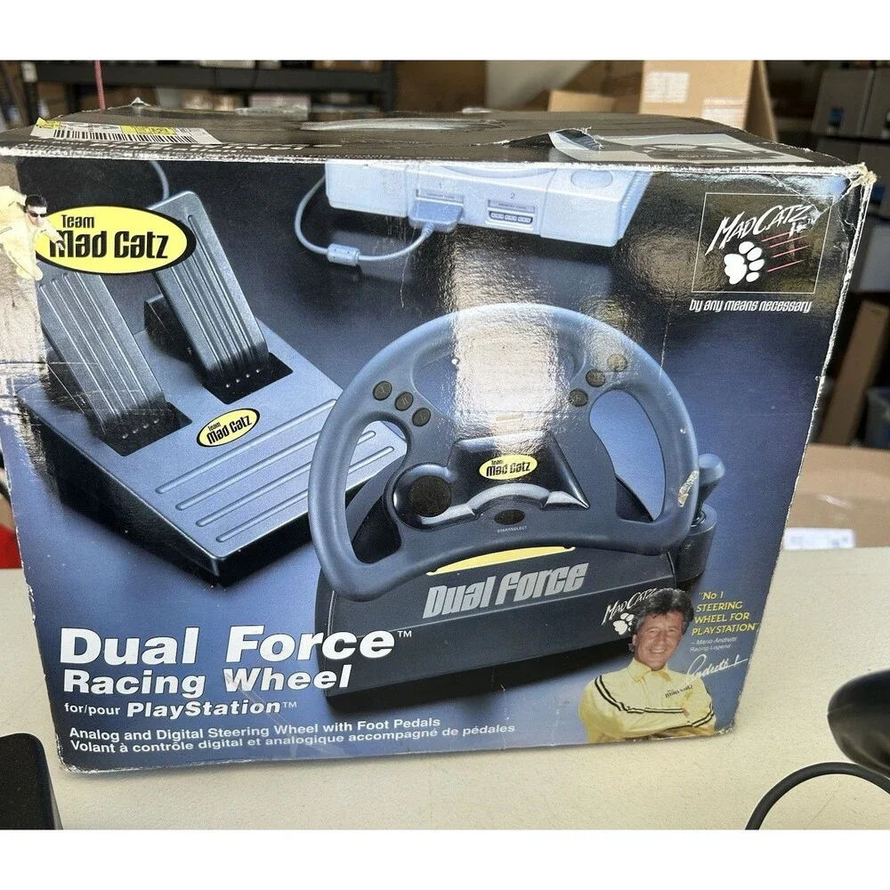 Mad Catz Dual Force Racing Wheel Pedals PS1 PS2 Complete In Box Tested Working